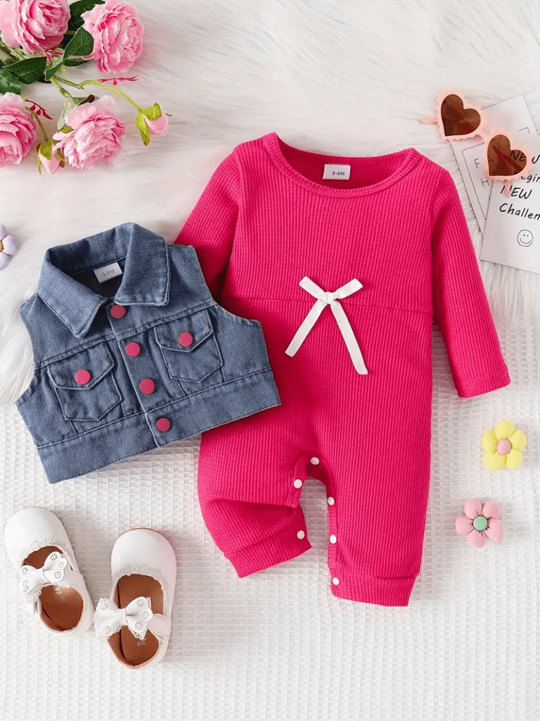 Long Sleeve Romper with Denim Vest for Girls