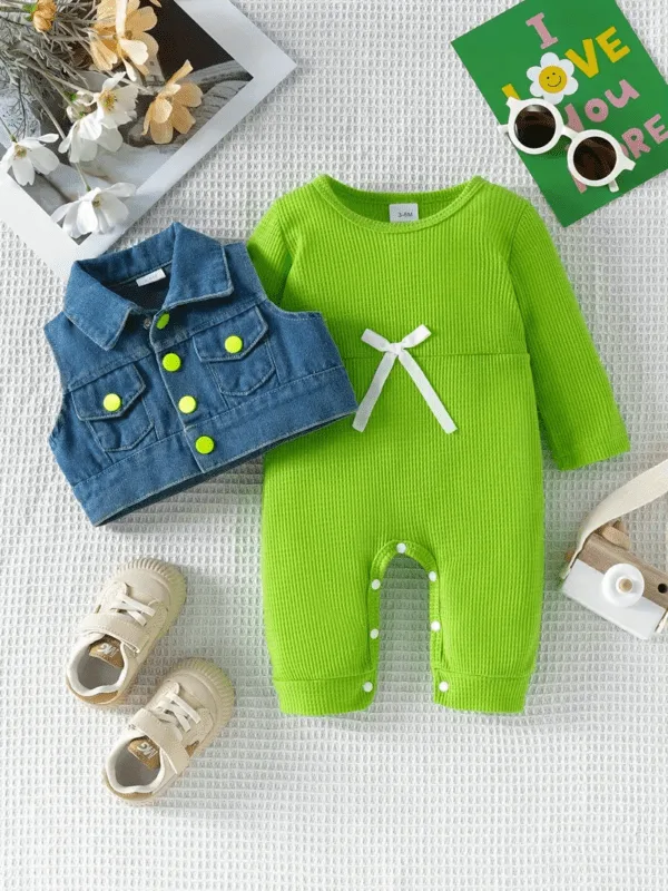 Long Sleeve Romper with Denim Vest for Girls