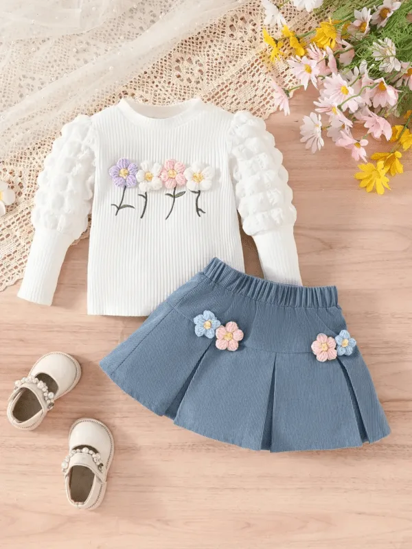Girls Puff Sleeve Top and Skirt Set