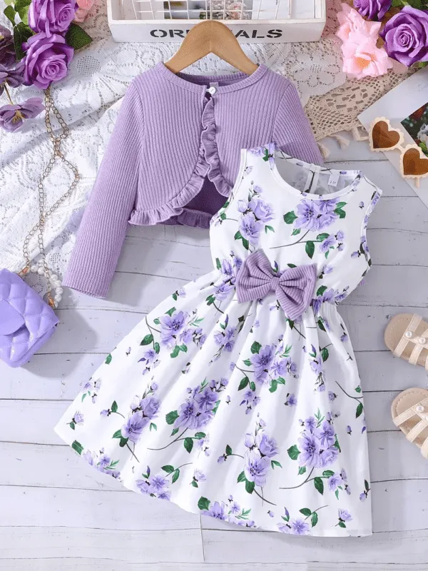 Girls Bow Floral Dress & Ruffle Cardigan Set