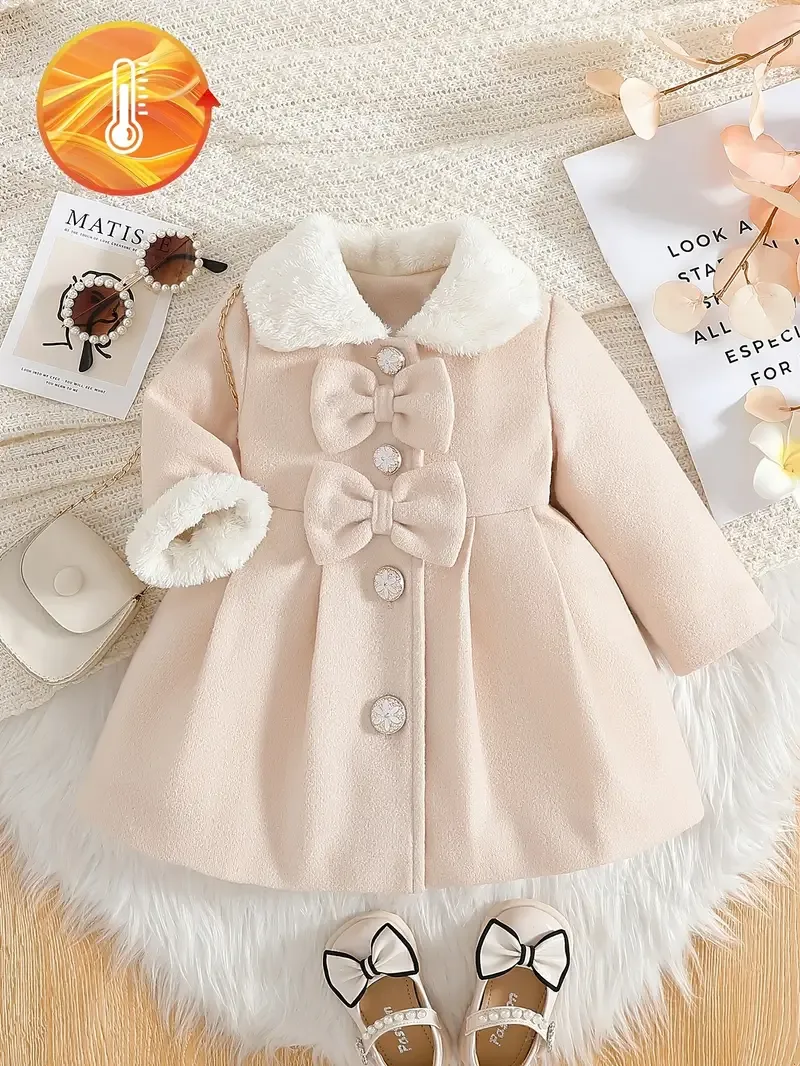 Chic Girls' Plush-Lined Coat with Bow Detail