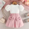 Girls 2 Piece Puff Sleeve T-Shirt and Skirt Set