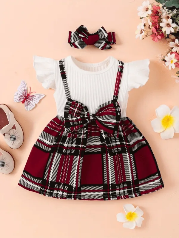 Baby Girl Summer Outfit – Fly Sleeve Bow Plaid Dress and Headband Set