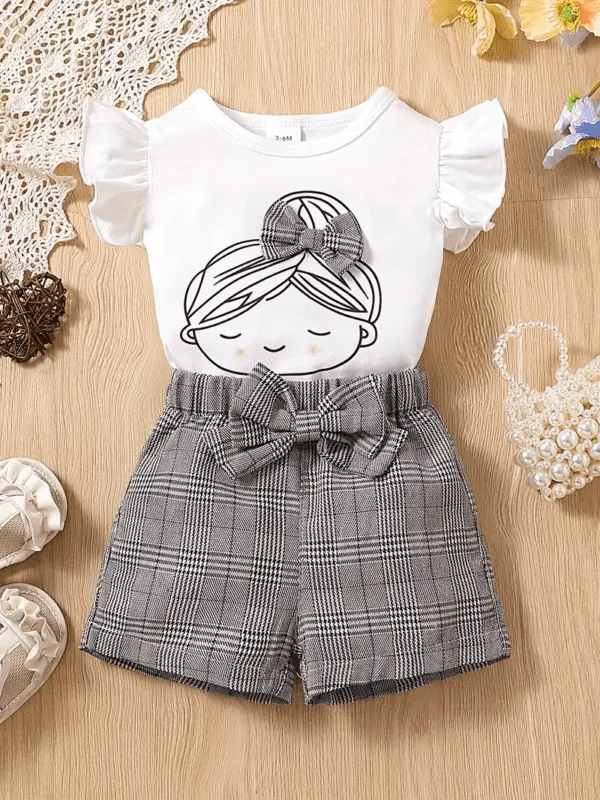Girls Summer Clothes Fashion Set – Chic Plaid Bow Outfit
