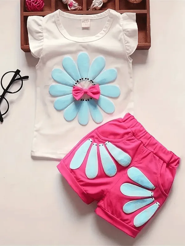 Girls Summer Cotton Set – Sunflower Ruffle Top and Shorts