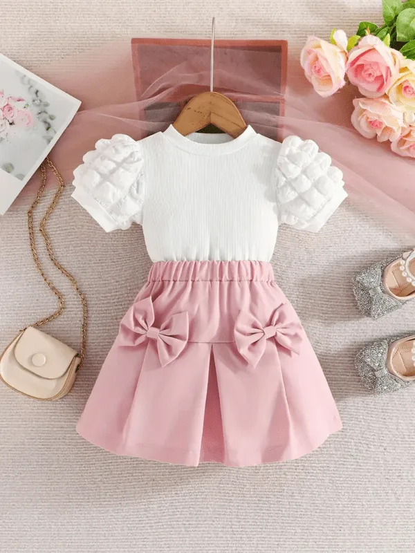 Girls 2 Piece Puff Sleeve T-Shirt and Skirt Set