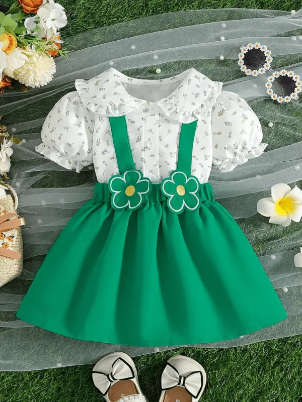 Girls Summer Green Dress – Elegant Doll Collar Top and Suspender Skirt Set