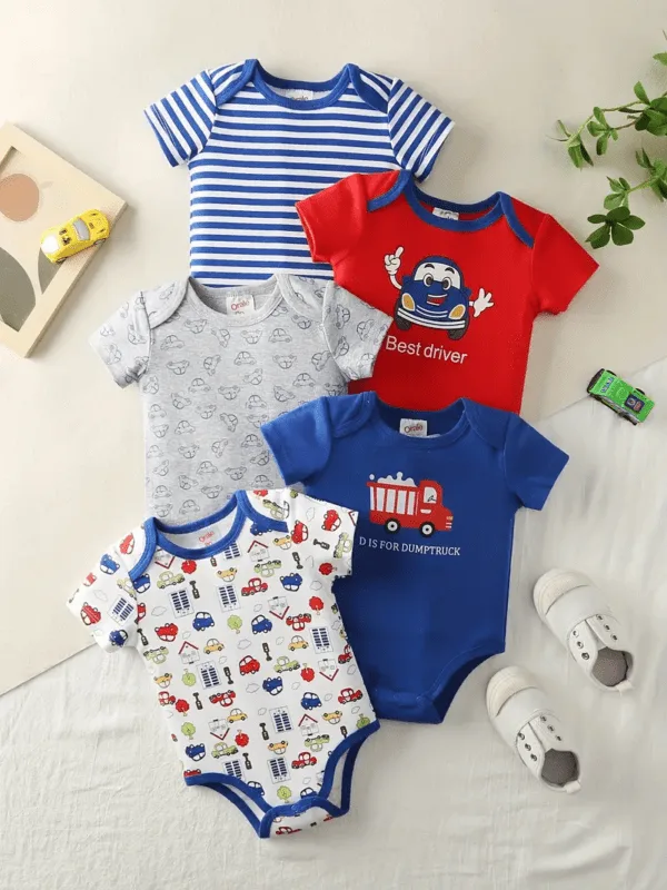 5 Piece Baby Boy Cotton Bodysuits – Cute Summer Cartoon Outfit