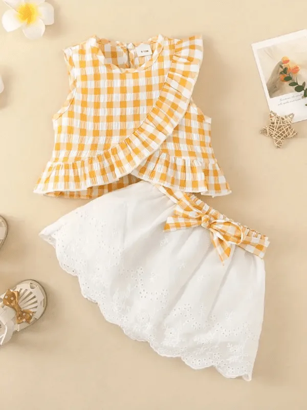 Sleeveless Lace Trim Top & Plaid Skirt
