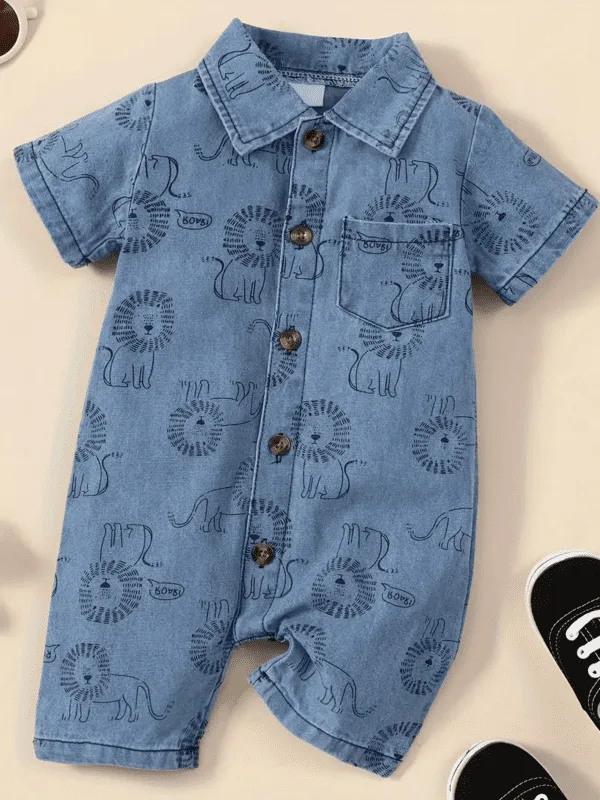 Baby Boys Cartoon Lion Denim Bodysuit