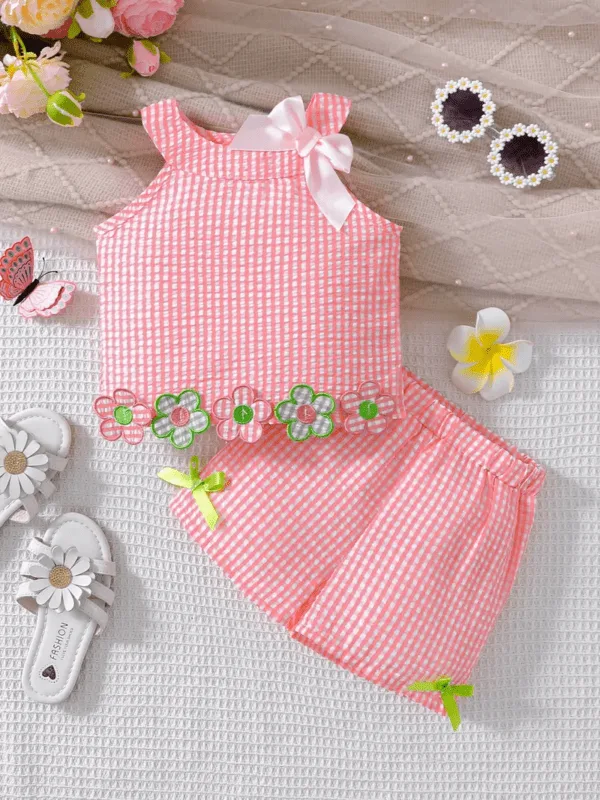 Girls Embroidered Sleeveless Top & Bow Shorts