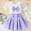 Girls Butterfly Short Sleeve Dress – Mesh Top & Plaid Skirt Set