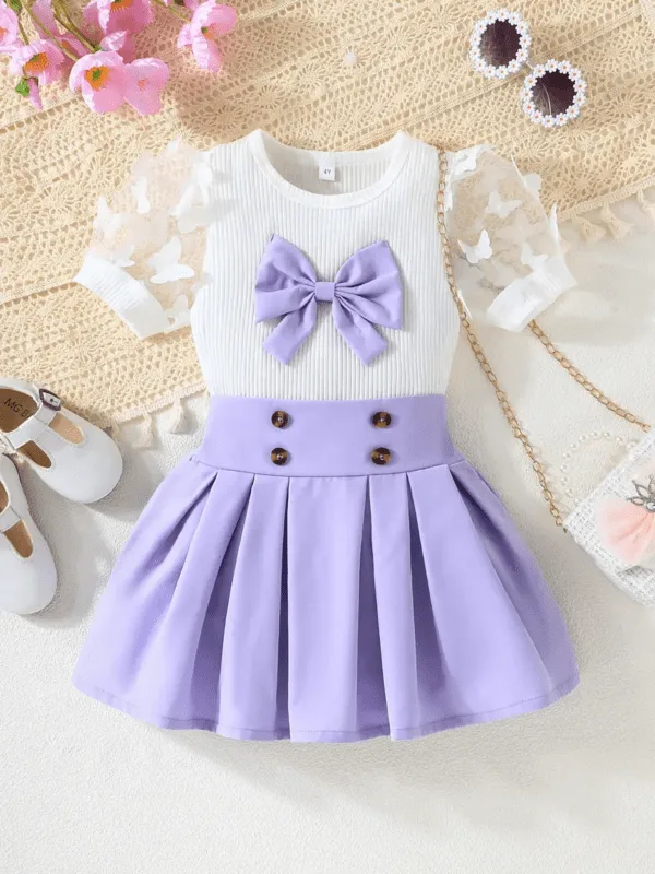 Girls Butterfly Short Sleeve Dress – Mesh Top & Plaid Skirt Set