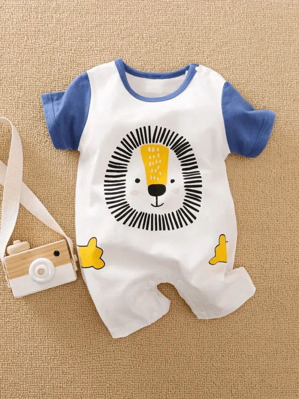 Boys Cute Summer Romper – Cartoon Fox & Lion Cotton Short-Sleeve Onesie