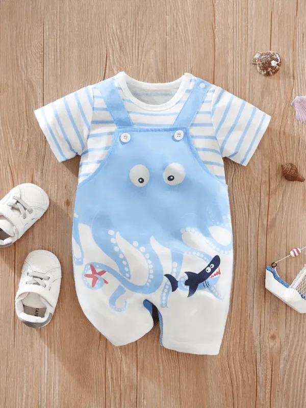 Cartoon Octopus and Fish Baby Overalls