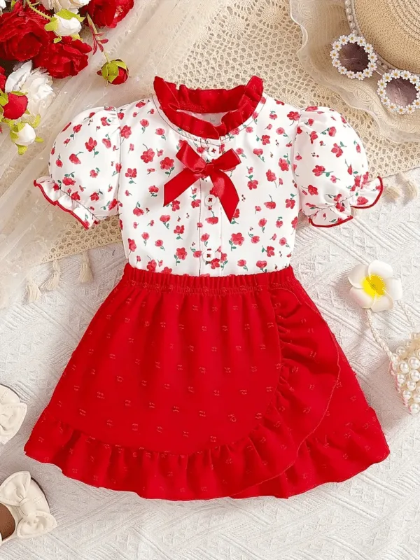 Girls Floral Lace Collar Dress – Bubble Sleeve Top & Skirt Set