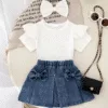 Chic Summer Outfit for Girls – White Top & Navy Bow Skirt,