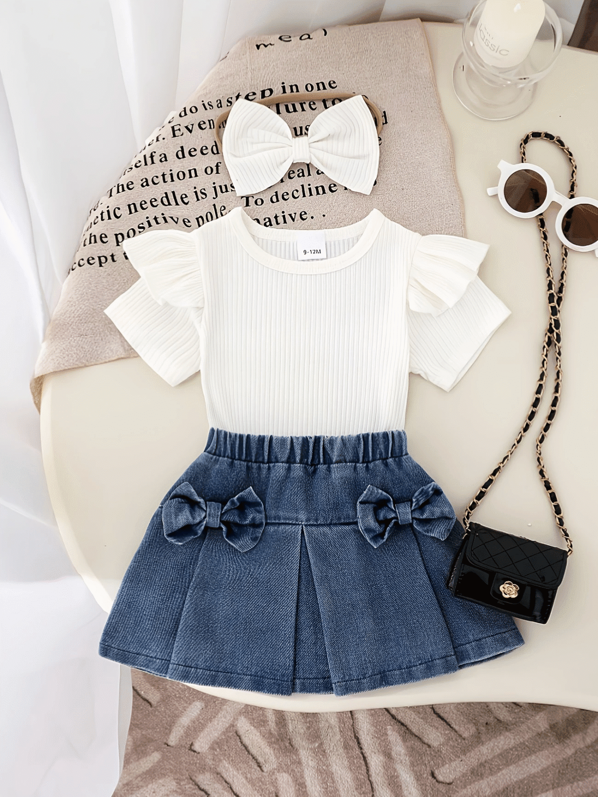 Chic Summer Outfit for Girls – White Top & Navy Bow Skirt,