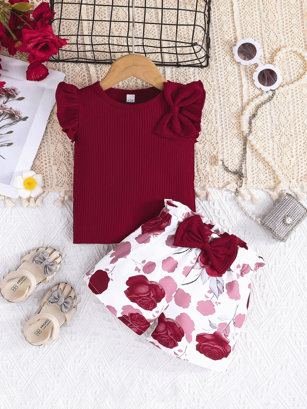 Cute Baby Girl Set – Bow T-Shirt and Flower Print Shorts
