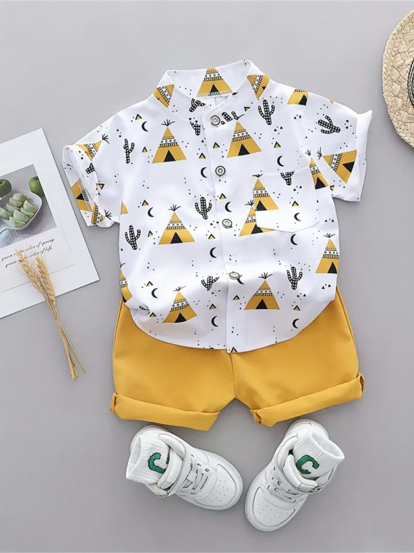 Cute Summer Set for Boys – Pyramid Print Shirt & Shorts