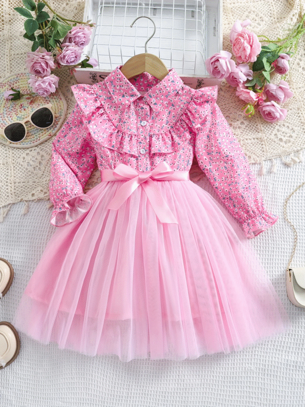 Girls Floral Shirt Dress – Long Sleeve with Ruffle Detail