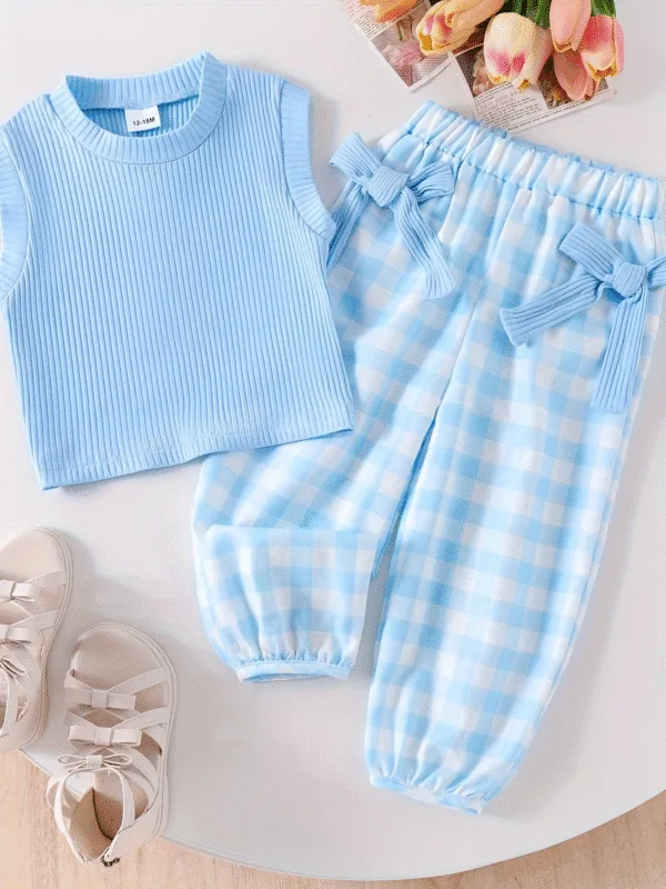 Cute Baby Girl Set – Bow Top & Checked Pants for Summer