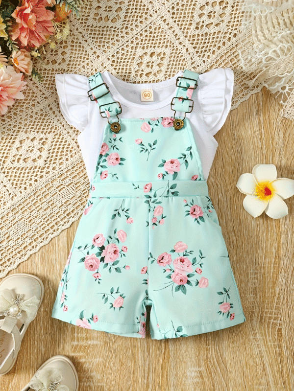 Girls 2-Piece Romper Set – Pleated Top & Floral Strap Shorts