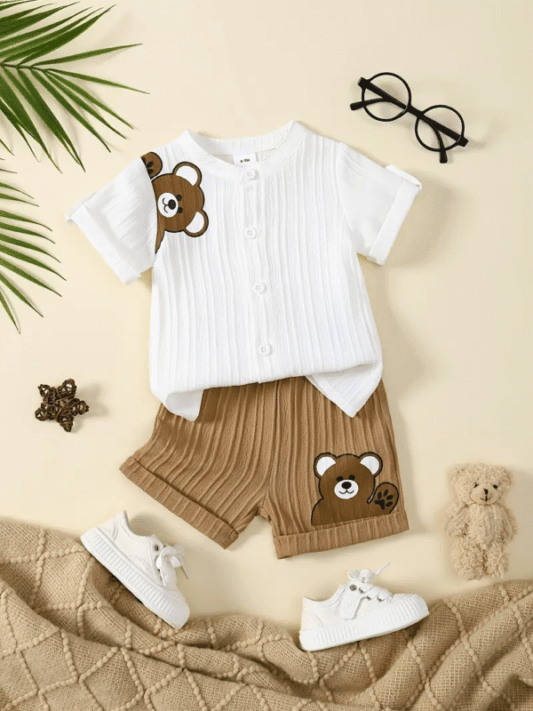 Boys Summer Outfit – Bear Print Shirt & Cuffed Shorts Set