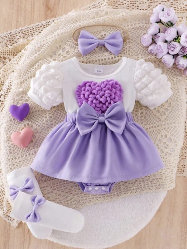 Baby Girl 3-Piece Set – Bubble Sleeve Romper with Skirt, Headband & Socks