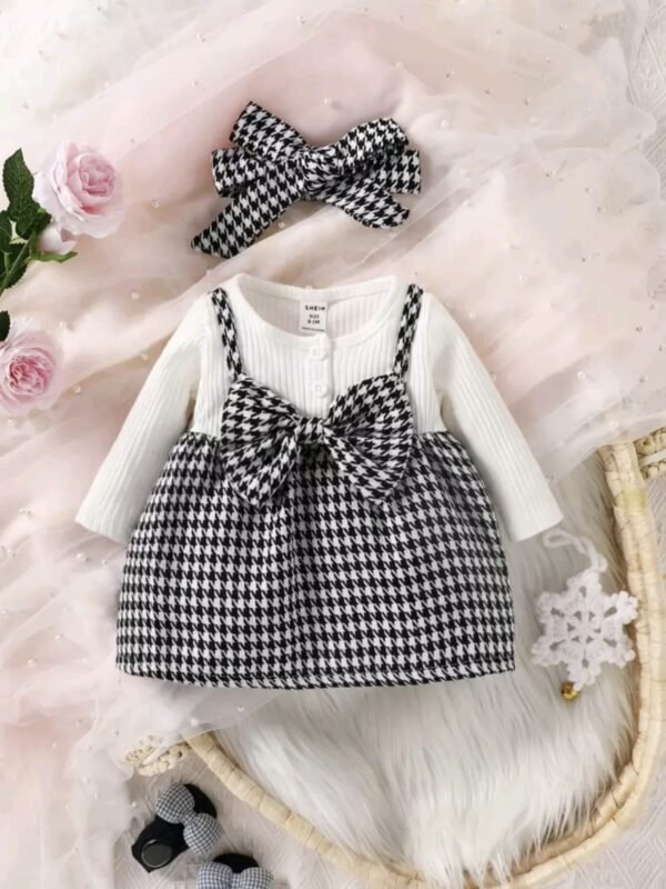 Newborn Girl Plaid Dress with Bow & Headband