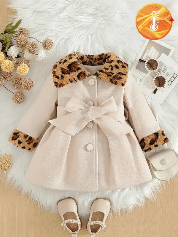 Girls Warm Winter Coat – Two-Tone Design with Leopard Print