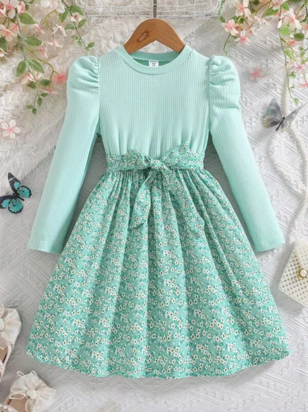 Girls Formal Green Dress – Puffy Sleeve A-Line Party Outfit