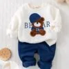 Cute Baby Boy Winter Set – Bear Pattern Top with Warm Pants