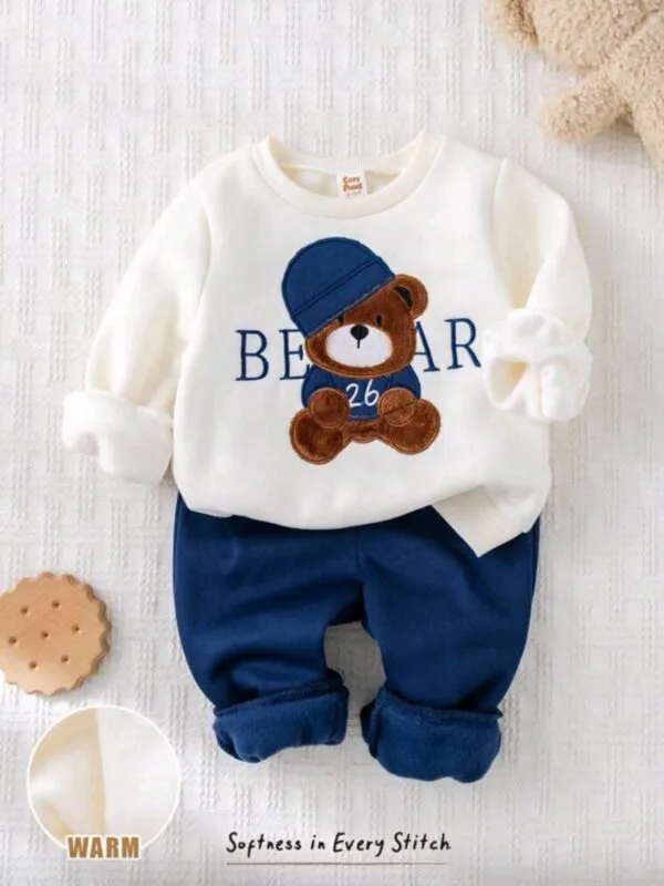 Cute Baby Boy Winter Set – Bear Pattern Top with Warm Pants