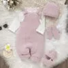 4 Piece Baby Girl Winter Set – Pink Knit Romper, Cap, Gloves & Shoes