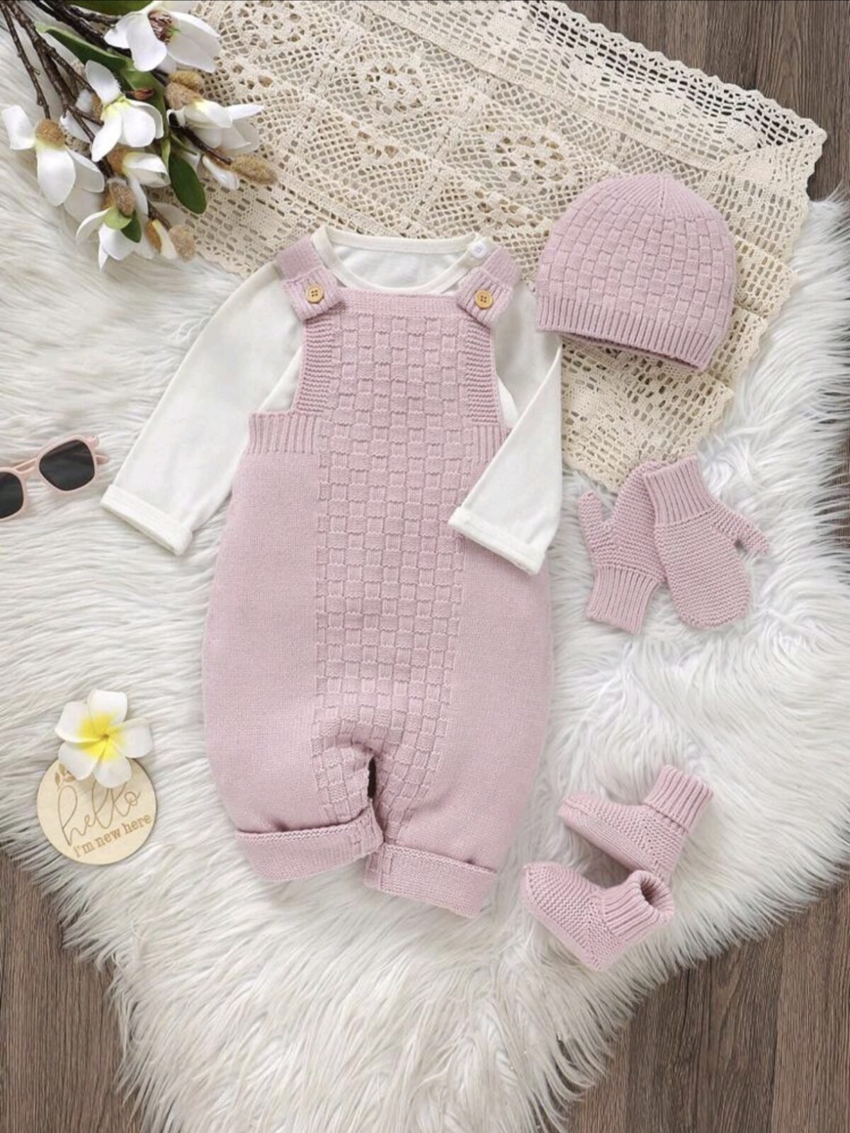 4 Piece Baby Girl Winter Set – Pink Knit Romper, Cap, Gloves & Shoes