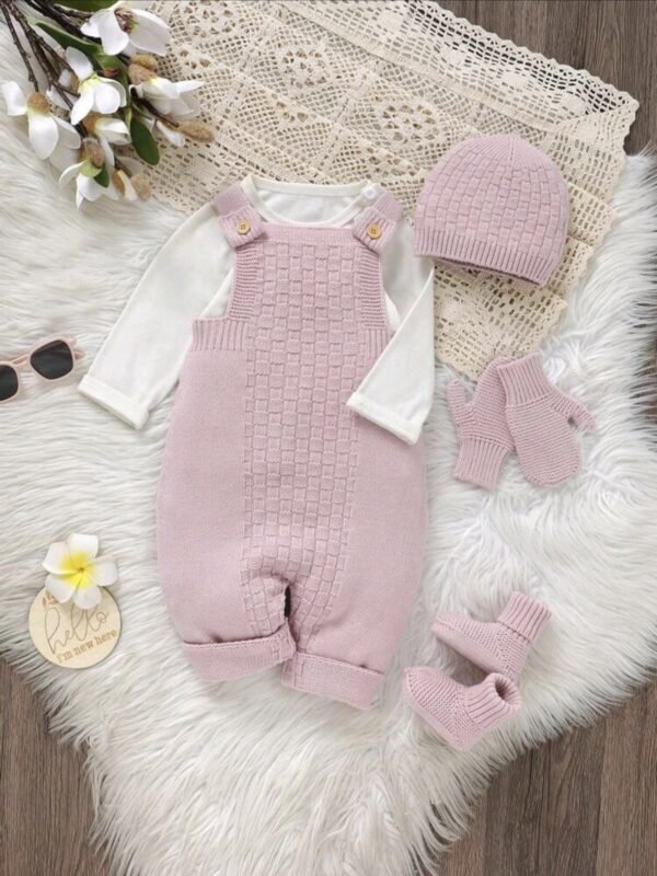 4 Piece Baby Girl Winter Set – Pink Knit Romper, Cap, Gloves & Shoes