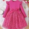 Girls Star Mesh Dress – Long Sleeve Knit Puffy Style