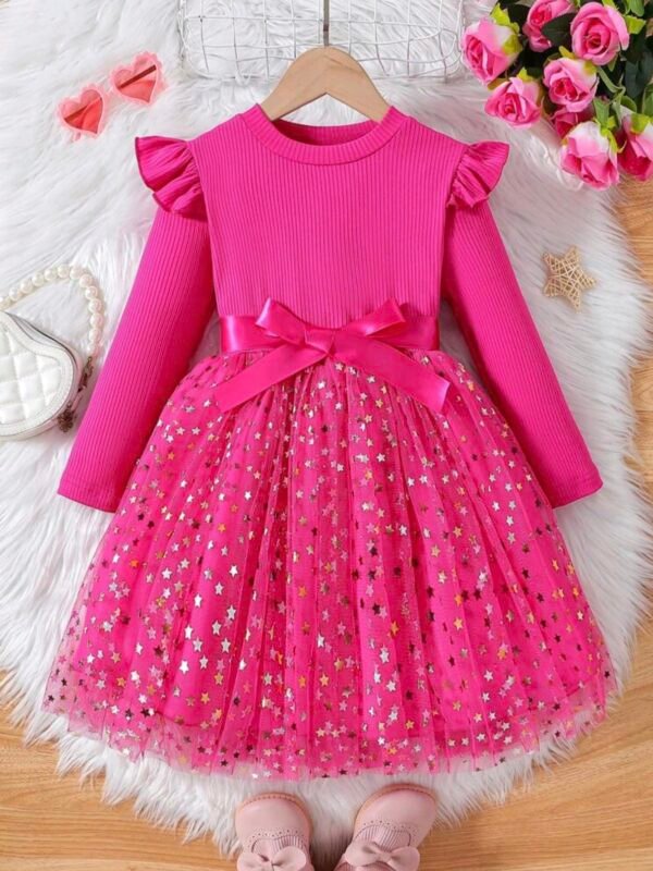 Girls Star Mesh Dress – Long Sleeve Knit Puffy Style