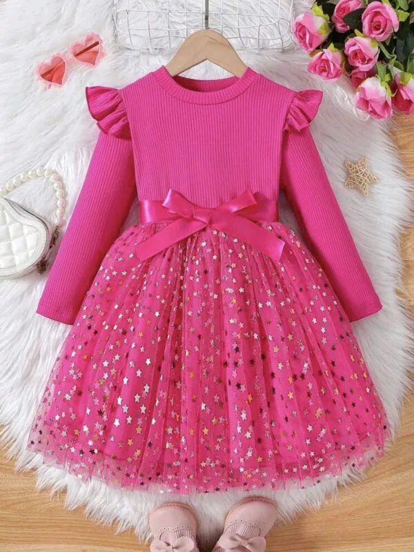 Girls Star Mesh Dress – Long Sleeve Knit Puffy Style