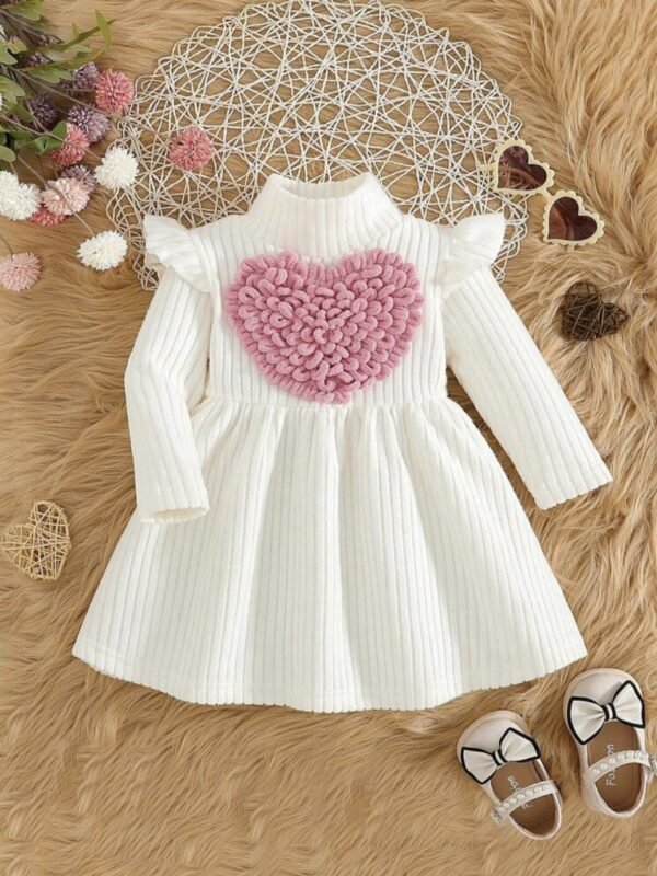 Baby Girl Heart Dress – Solid Color Long Sleeve A-Line Outfit