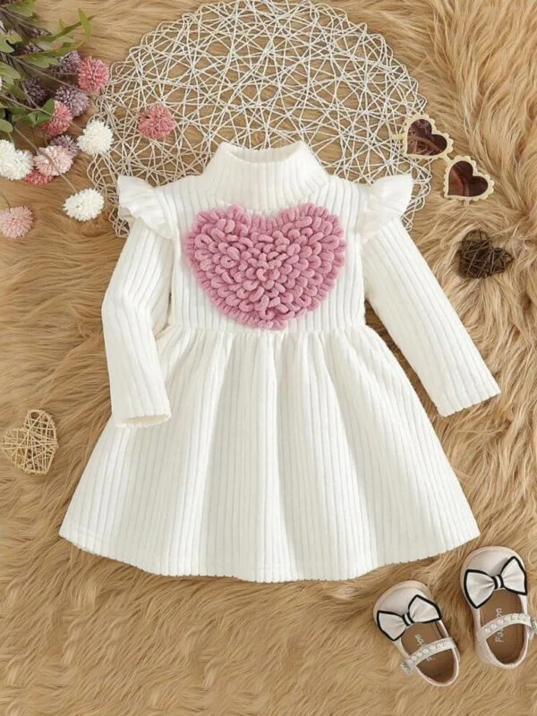 Baby Girl Heart Dress – Solid Color Long Sleeve A-Line Outfit