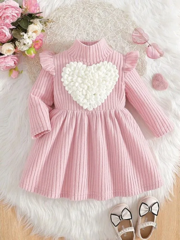 Baby Girl Heart Dress – Solid Color Long Sleeve A-Line Outfit