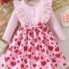 Girls Heart Print Dress – Colorblock Ruffle Trim Style