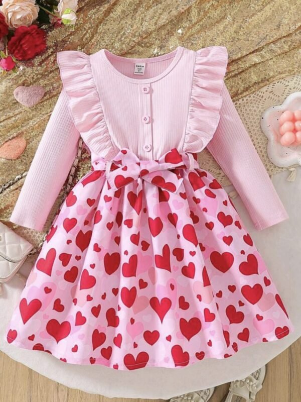 Girls Heart Print Dress – Colorblock Ruffle Trim Style