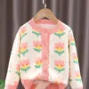 Cute Baby Girl Cardigan – Floral Knit Round Neck Sweater