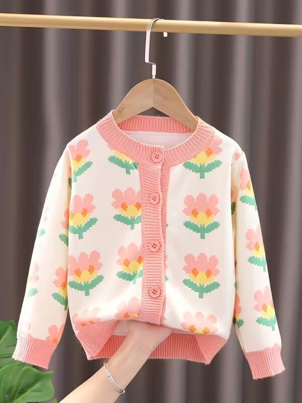 Cute Baby Girl Cardigan – Floral Knit Round Neck Sweater