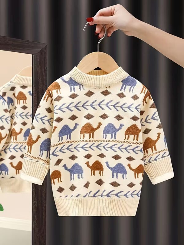 Boys Winter Sweater – Camel Pattern Beige & Blue Knit Pullover