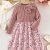 Girls Elegant Winter Dress – Bow Top & Floral Hemline