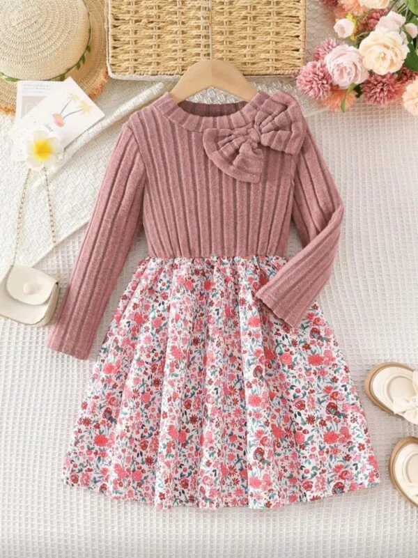Girls Elegant Winter Dress – Bow Top & Floral Hemline